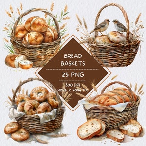 Pacchetto di clipart acquerello cestino di pane, clipart di pagnotta di pane, clipart di pane a lievitazione naturale, clipart di baguette francese, clipart di panetteria pretzel bagel
