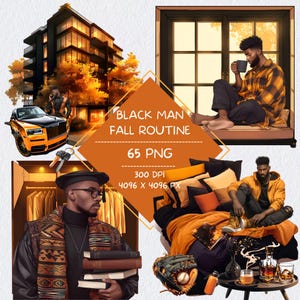 Black Man Fall Routine Clipart, Digital Notebook Autumn Esthetic Stickers, zwart en oranje GoodNotes Notion-stickers voor donkere huidskleuren
