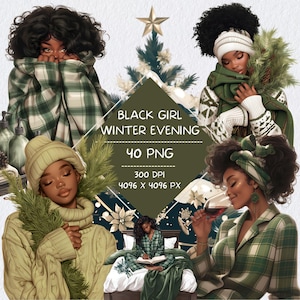 Black Girl gezellige winteravond clipart, digitaal notitieboekje Me Time Self Care esthetische stickers, GoodNotes Notion-stickers voor donkere huidskleuren