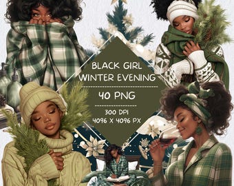 Black Girl Cozy Winter Evening Clipart, Digital Notebook Me Time Self Care Aesthetic Stickers, GoodNotes Notion Stickers For Dark Skin Tones