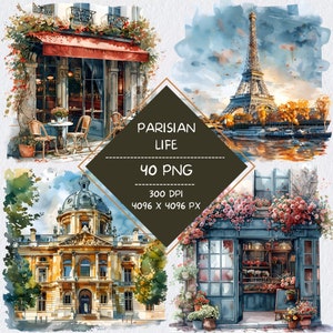 Pacote de clipart aquarela da vida parisiense, clipart de café francês, clipart de croissant de pão francês, clipart de padaria francesa, clipart de marco da França