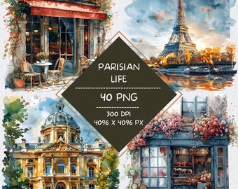Parisian Life Watercolor Clipart Bundle, French Cafe Clipart, French Bread Croissant Clipart, French Bakery Clipart, France Landmark Clipart