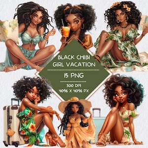 Zwarte chibi-meisje tropische vakantie clipartbundel, schattige chibi Afro-Amerikaanse meisje reiziger png, zwarte chibi vrouw vakantie clipart png-set