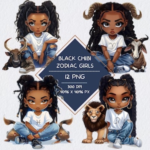 Schwarz Chibi Mädchen Sternzeichen Clipart Bundle, süße Chibi afroamerikanische Mädchen Sternzeichen, Horoskop Zeichen PNG, astrologische Aquarell Clipart Pack