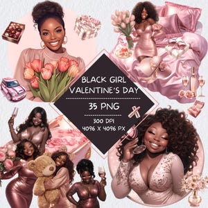 Pode incluir: Ilustração digital com várias imagens de mulheres negras, flores, presentes e um carro rosa. O texto "BLACK GIRL VALENTINE'S DAY" é exibido em destaque. A imagem é uma coleção de 35 arquivos PNG a 300 DPI, 4096 x 4096 px.
