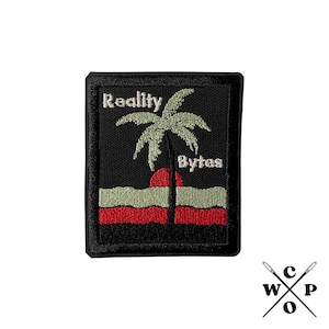 May include: Black embroidered patch with a palm tree silhouette, a red sun setting over the ocean, and the text "Reality Bytes".