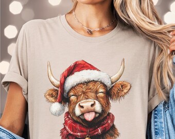 クリスマスハイランドカウシャツ：ホリデーカウTシャツ、サンタアニマル/ペットTシャツ、ファームハウス愛好家へのギフト