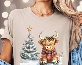 ハイランドカウのクリスマスシャツ：ホリデーカウTシャツ、お祭り動物/ペットTシャツ、ファームハウス愛好家へのギフト