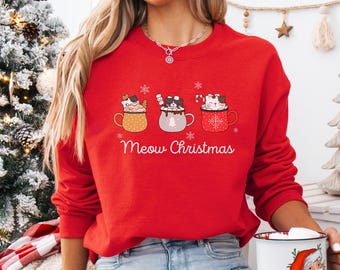 Meow Christmas Sweatshirt Cute Cat Christmas Sweater Funny Holiday Sweatshirt Cat Lover Gift For Women Man Xmas Gift Cat Mom And Dad Sweater