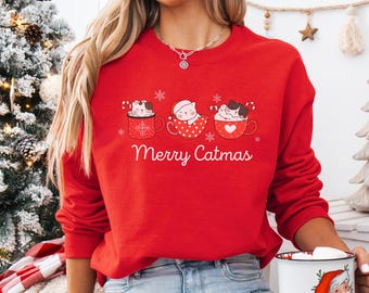 Merry Catmas Sweatshirt Cute Cat Christmas Sweater Funny Holiday Sweatshirt Cat Lover Gifts For Women Man Xmas Gifts Cat Mom And Dad Sweater
