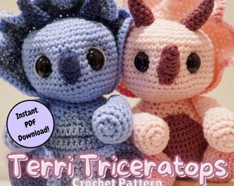 Patrón de crochet de triceratops – Dinosaurio amigurumi en PDF – Tutorial del peluche de triceratops Terri - Descarga digital