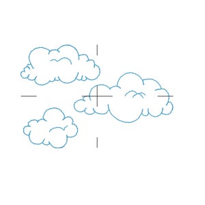 May include: Three blue cloud illustrations on a white background. The clouds are drawn with a simple, cartoonish style, with rounded shapes and a light blue outline. The image is clean and minimalist.