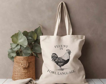 Farm Animal Premium Canvas Tote Bag: "Fluent in Fowl Language" A Chicken Line Drawing Cotton Canvas Tote Bag gift for friends, mom, auntie,