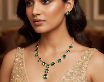 Emerald Gold Plated Crystal Necklace With Earrings