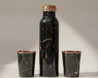 Black Marble Copper Water Bottle Set | Ayurvedic Drinkware