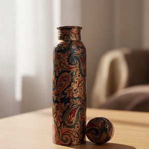 Op de afbeelding: Een decoratieve waterfles met bijpassende dop, met een gedetailleerd paisley patroon in tinten teal, rood en goud. De cilindrische fles staat op een houten oppervlak.