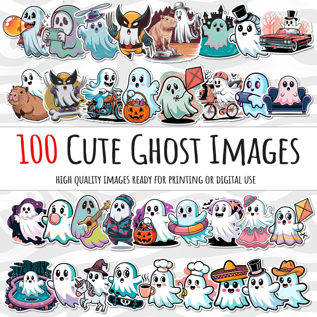 Adorable Ghost PNG SVG Sticker Bundle, 100 Designs for Halloween ...