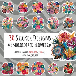 Puede incluir: 30 diseños de pegatinas digitales con flores bordadas en varios colores y estilos. Los diseños son de 4096x4096 píxeles y 300 DPI. Los formatos de archivo incluidos son SVG, PNG, JPG y PDF.