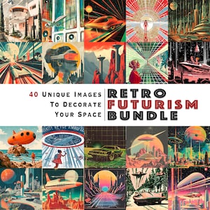 Peut inclure: Un ensemble de 40 images rétro futuristes en téléchargement numérique. Les images présentent une variété de scènes, notamment des voitures volantes, des villes futuristes et des voyages spatiaux. Les images sont dans une palette de couleurs vives et ont une esthétique rétro.