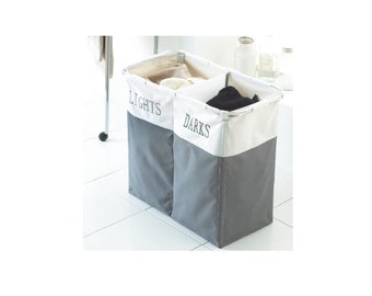 Folding laundry basket hamper cloth storage 2 compartment dark and light