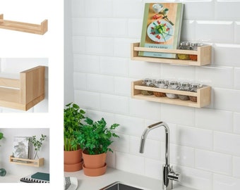 X2 spice rack wall mounted kitchen jar storage pine wooden shelf floating book case