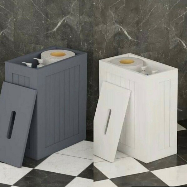 Wooden crisp finish small toilet cleaning product storage multi purpose tidy box grey and white