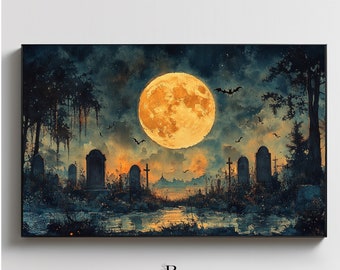 Halloween Frame TV Art | Haunted House Frame TV | Halloween Art | Spooky graveyard with bats Samsung Frame TV Art | Digital Download |