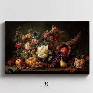May include: A still life painting featuring a cornucopia overflowing with fruits and flowers. A red apple, grapes, and a pear spill from the woven horn. A pumpkin and other fruits are arranged with a variety of colorful flowers.