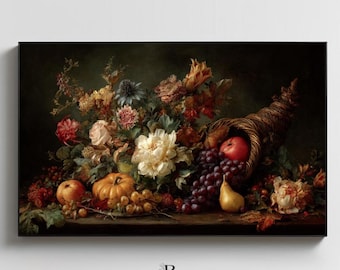 May include: A still life painting featuring a cornucopia overflowing with fruits and flowers. A red apple, grapes, and a pear spill from the woven horn. A pumpkin and other fruits are arranged with a variety of colorful flowers.