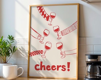 Modern Cheers Wine Print: Minimalist Kitchen Bar Art
