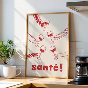 Santé wine wall art - Affiche vin - Poster vin - Cheers wall art - French kitchen poster