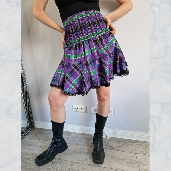 90s Vintage Purple Tartan Skirt | Playful Dress Option | Adjustable & Stretchy | Below-the-Knee to Mini Dress Transformation / Lace detail