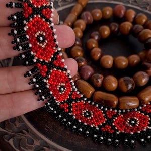 Handmade Ukrainian Jewelry: Black and Red Seed Bead Folk Necklace - Unique Gift Idea, Author&#39;s Work