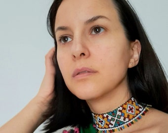 Handmade Seed Bead Choker, Ukrainian Boho Necklace, Traditional Beadwork