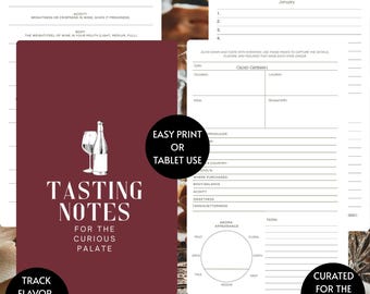 May include: Wine tasting notes journal with a burgundy cover. The cover features a wine bottle and glass illustration, with the text "Tasting Notes for the Curious Palate." Includes pages for wine details and aroma appearance.