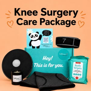 May include: A knee surgery care package featuring a teal box with the text Hey! This is for you. Includes a panda card with the text Take it nice and knee-sy, a black circular pad, a black candle, a black strap with the number 7, and body wipes.