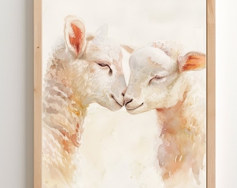 Arte de corderos en acuarela, impresión de arte de Pascua y primavera, impresión de arte de Pascua, descarga instantánea, arte de cordero imprimible, decoración country chic, arte de granja