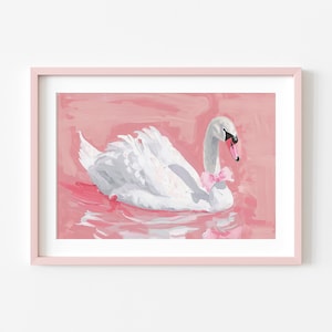Pink Swan Lake Dreams, Swan Lake Ballet Painting, Printable Coquette Art, Balletcore Nursery, Girly Printable Pink Bow Swan Poster
