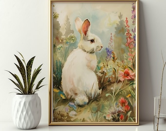 Vintage Osterhase Malerei, Osterhase Druck, Frühling Dekor, Aquarell Osterhase druckbare Wandkunst, Frühling Landschaft Kunst Dekor