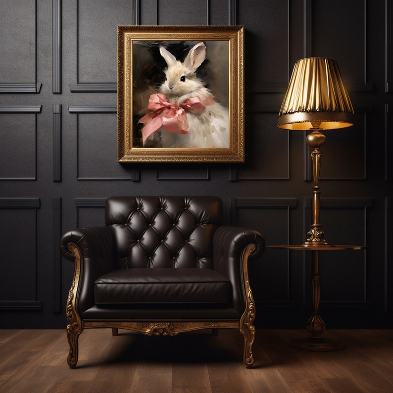 White Bunny With Pink Bow Painting, Dark Easter Decor (digital Download ...