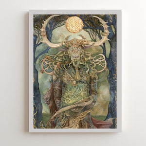 Cernunnos Watercolor Painting, Celtic Horned God Pagan Deity, Mythological Art Print