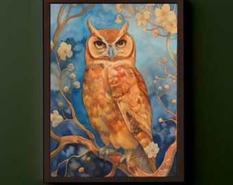 Art Nouveau Owl Wall Art Print, William Morris Inspired Owl Art, Bohemian Owl Painting, Book Nook Owl Art Print, Decorative Owl Painting