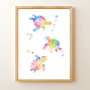 Baby Sea Turtle Wall Art, Under the Sea Kids Room Prints, Rainbow Watercolor Sea Turtle, Ocean Animal Playroom Decor, Ocean Theme Nursery