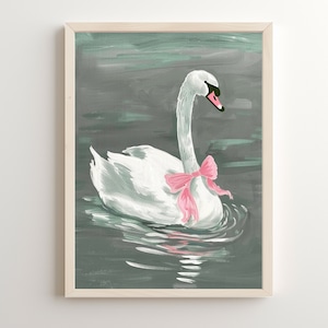 Swan Lake Dreams, Swan Lake Ballet Painting, Printable Coquette Art, Balletcore Nursery, Girly Printable Pink Bow Swan Poster