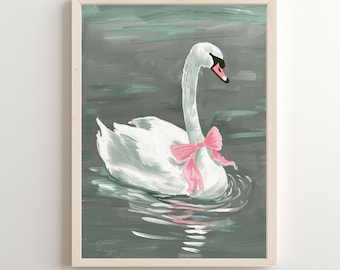 Swan Lake Painting, Pink Bow Coquette Art (Digital Download)
