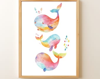 Impresión de acuarela de ballena arcoíris, decoración infantil oceánica (descarga digital)