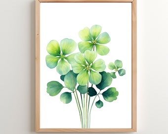 Watercolor Shamrock Print, Lucky Four Leaf Clover, St Patricks Day Decor (Digital Download)