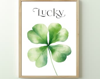 Watercolor Shamrock Print, Lucky Four Leaf Clover, St Patricks Day Decor (Digital Download)