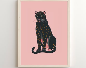 Zwarte cheetah-print, roze oranje junglekunst (digitale download)