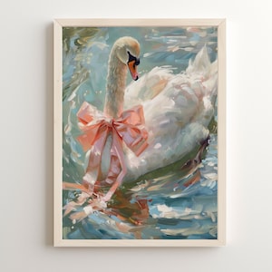 Swan Lake Dreams, Swan Lake Ballet Painting, Printable Coquette Art, Balletcore Nursery, Girly Printable Pink Bow Swan Poster